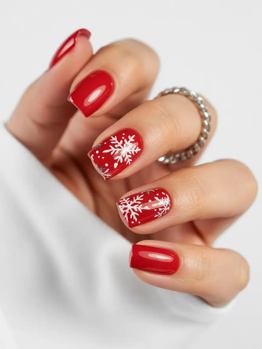 Christmas nails 2025 Classic Red with a Snowflake Twist