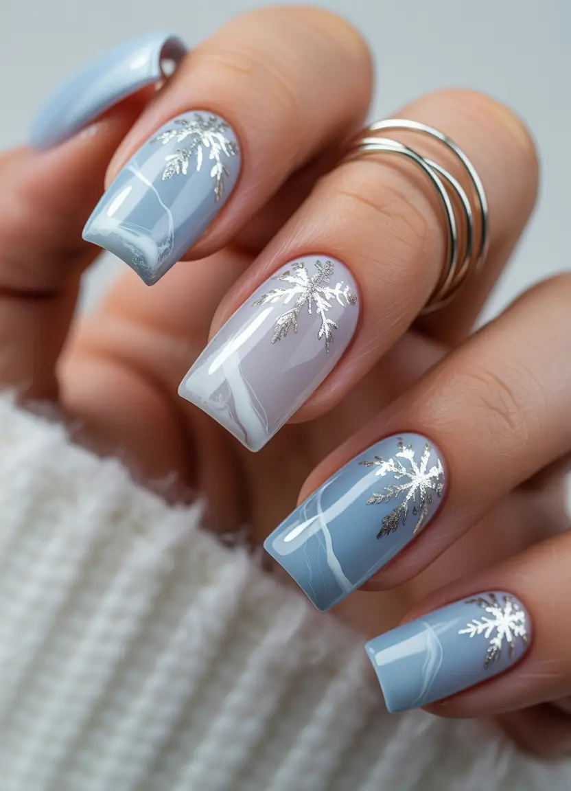 christmas nail art ideas 2025 Frosted Blue Elegance with Silver Snowflakes