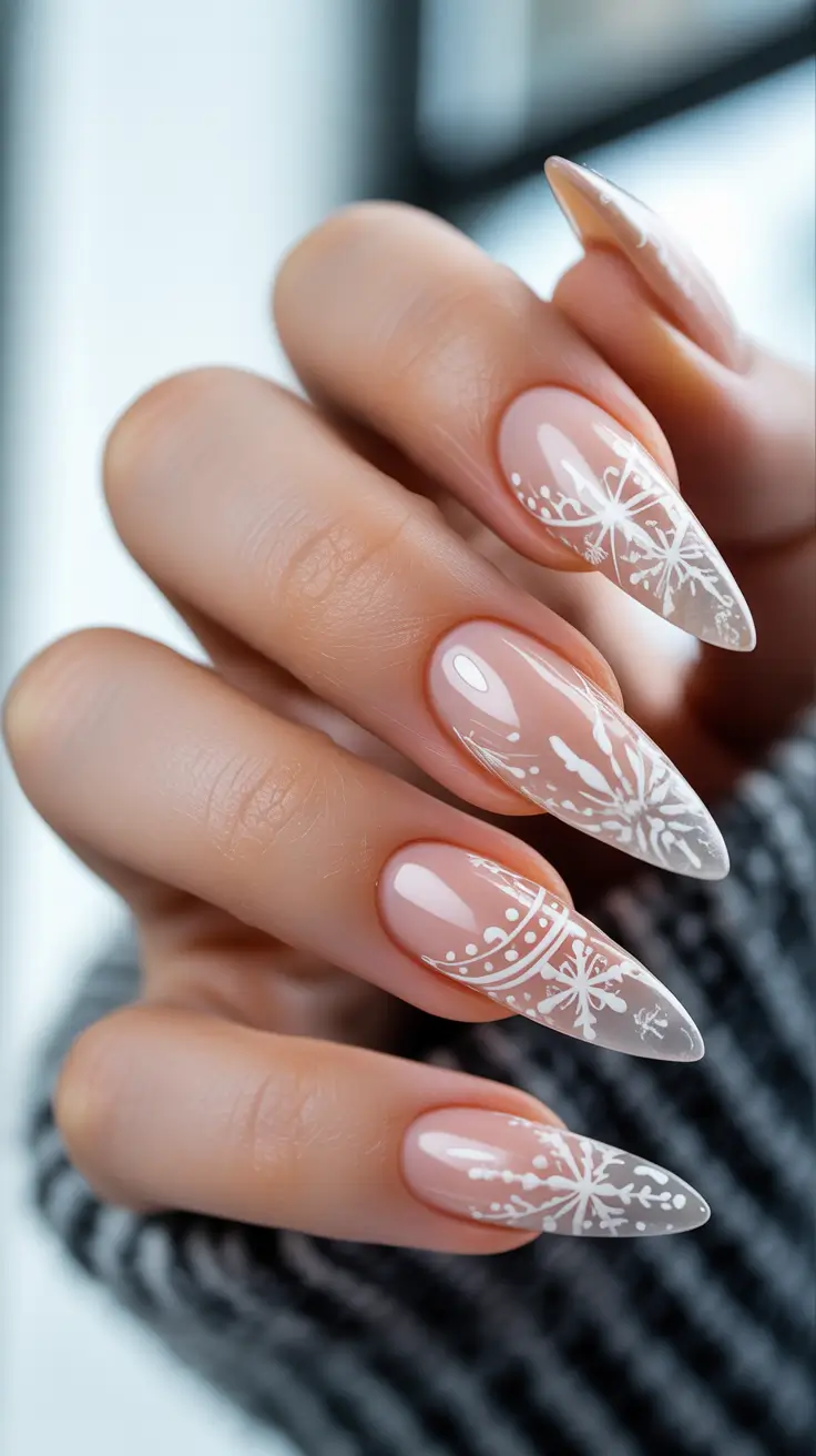 christmas nail art ideas 2025 White Lace Snowflakes on Nude Base