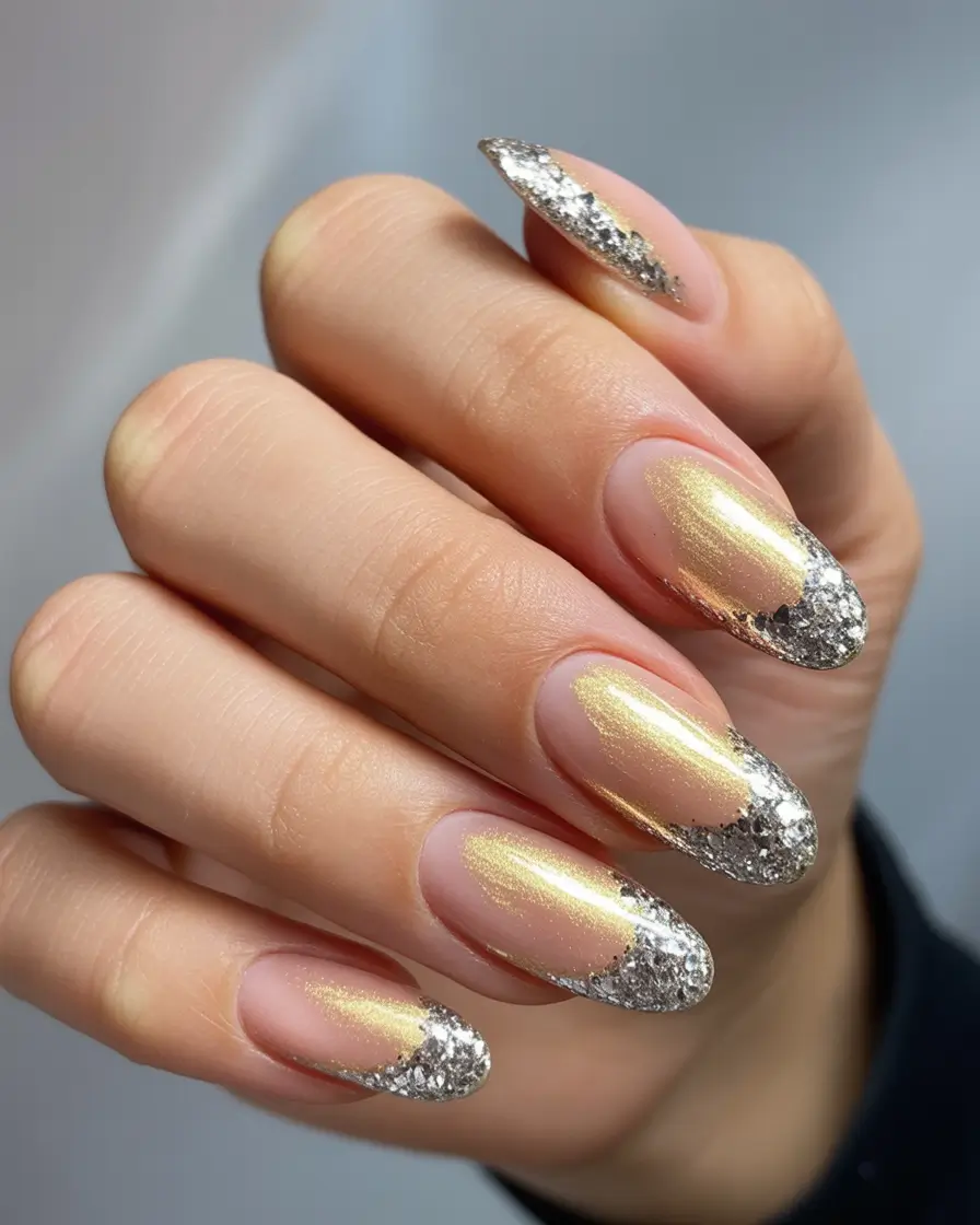 christmas nail art ideas 2025 Golden Shimmer with Silver Glitter Tips