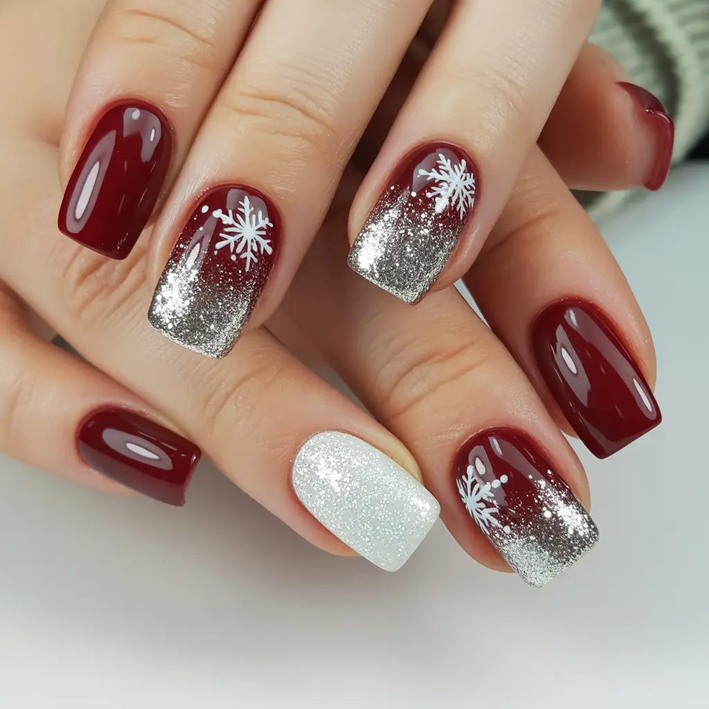 christmas nail art ideas 2025 Red and Silver Gradient with Snowflakes
