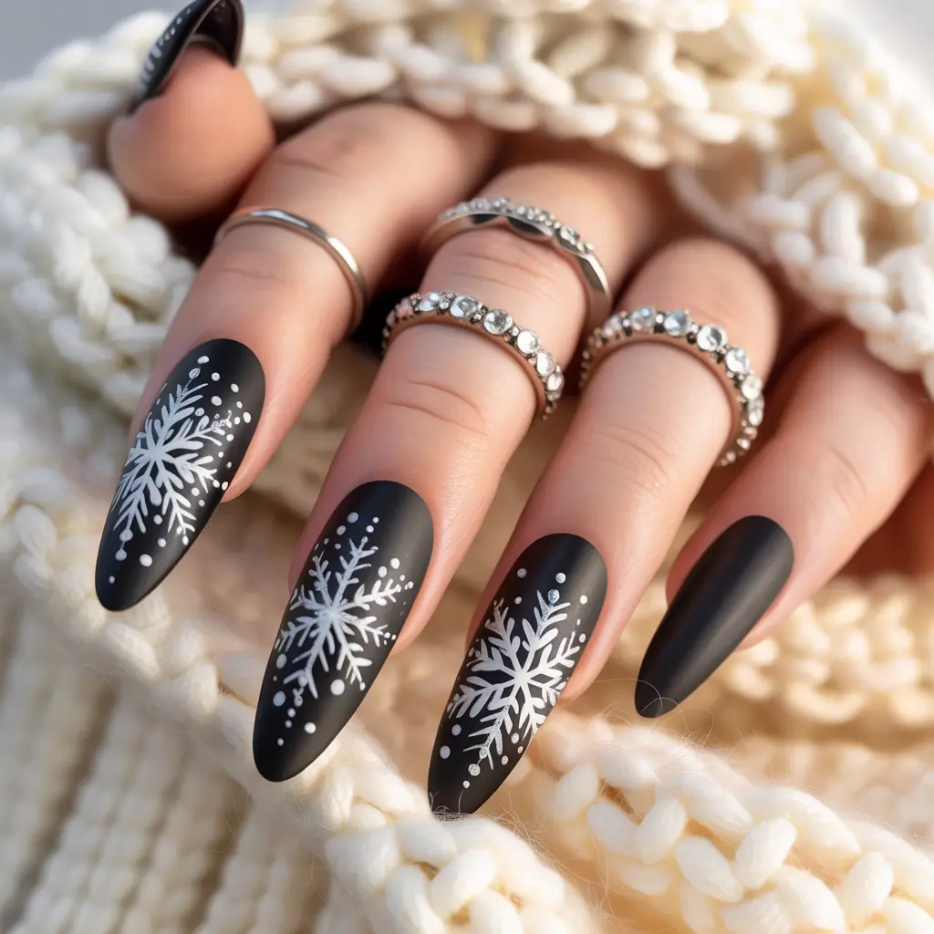 christmas nail art ideas 2025 Matte Black Snowflakes
