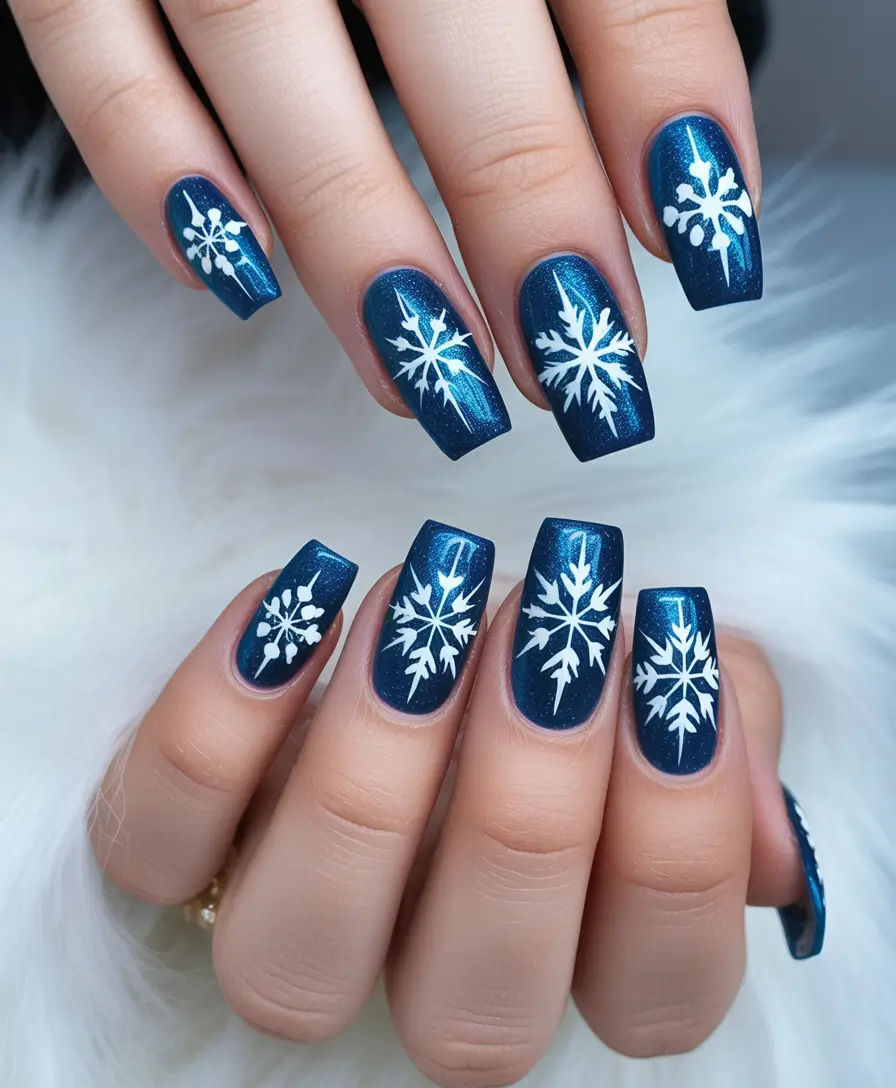 christmas nail art ideas 2025 Frosted Blue Snowflake Nails