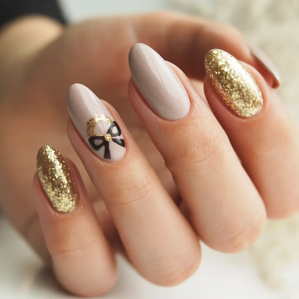 christmas nail art ideas 2025 Golden Ribbon Elegance