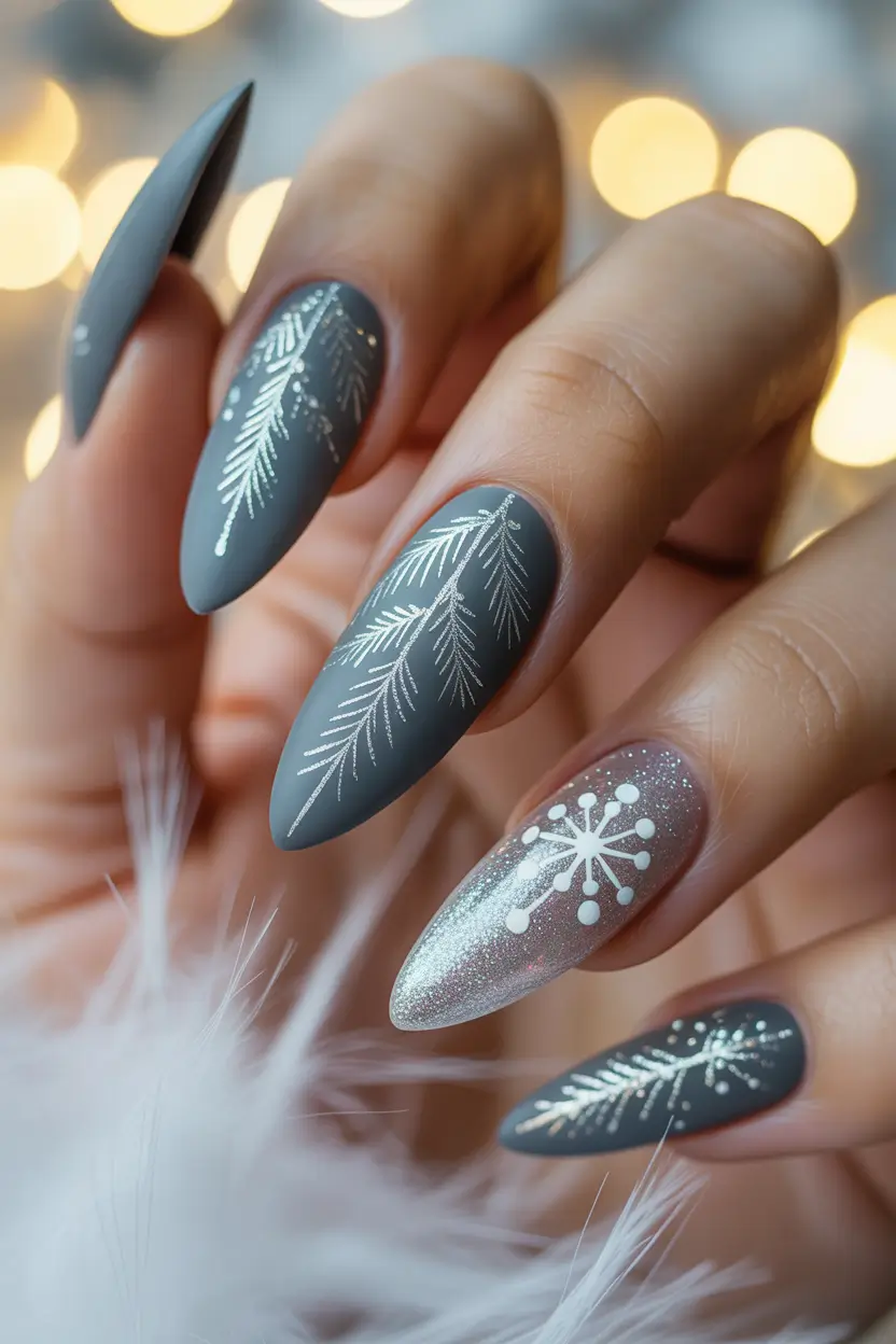 christmas nail art ideas 2025 Matte Gray and Silver Whispers
