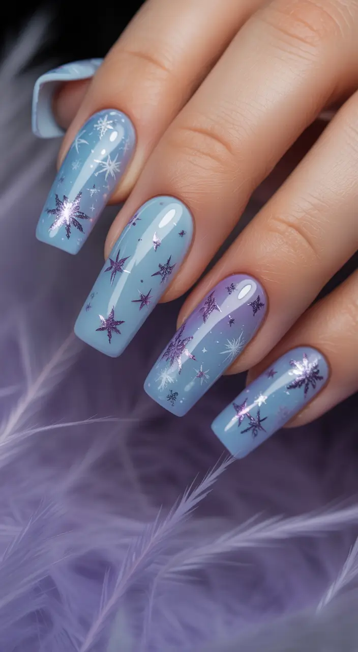 christmas nail art ideas 2025 Starry Midnight Blue with Lavender Sparkles