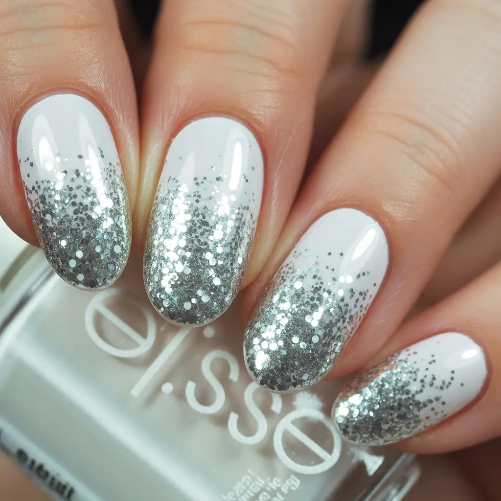 christmas nail art ideas 2025 Silver Snowfall French Fade