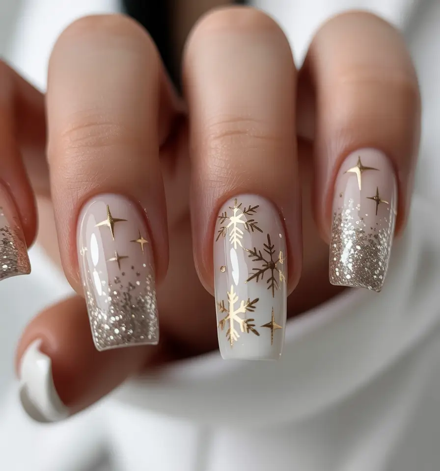 christmas nail art ideas 2025 Golden Spark Snowflakes