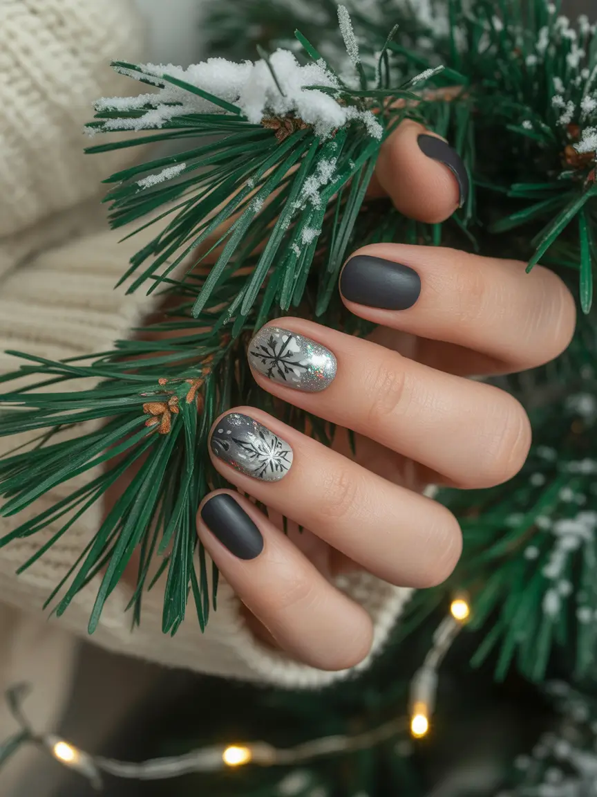 christmas nail art ideas 2025 Matte Silver Serenity