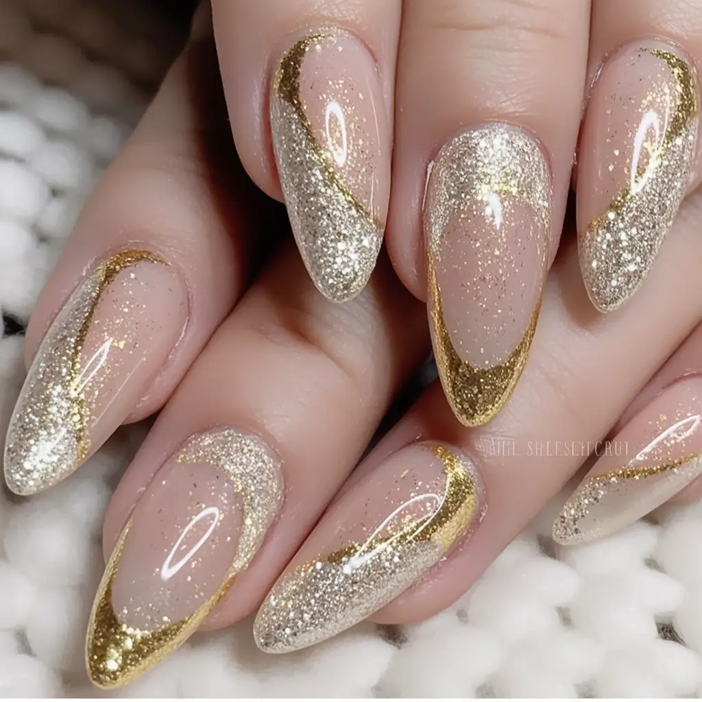 christmas nail art ideas 2025 Golden Champagne French with Glitter Waves