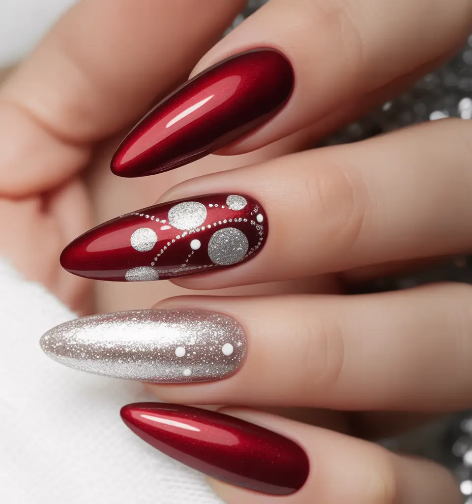 christmas nail art ideas 2025 Ruby Red Sparkle with Silver Orbs
