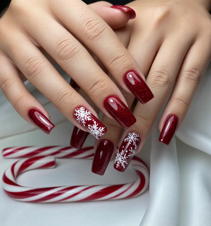 christmas nail art ideas 2025 Candy Cane Red with White Snowflakes