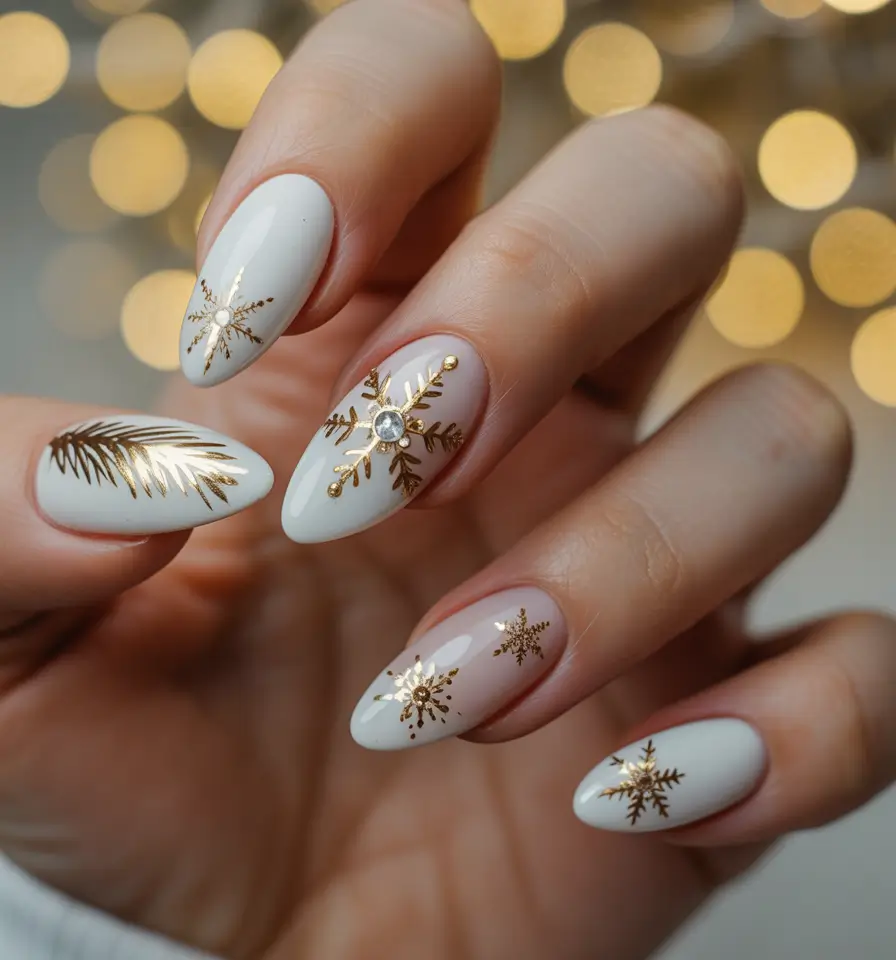 christmas nail art ideas 2025 White and Gold Snowflake Glam