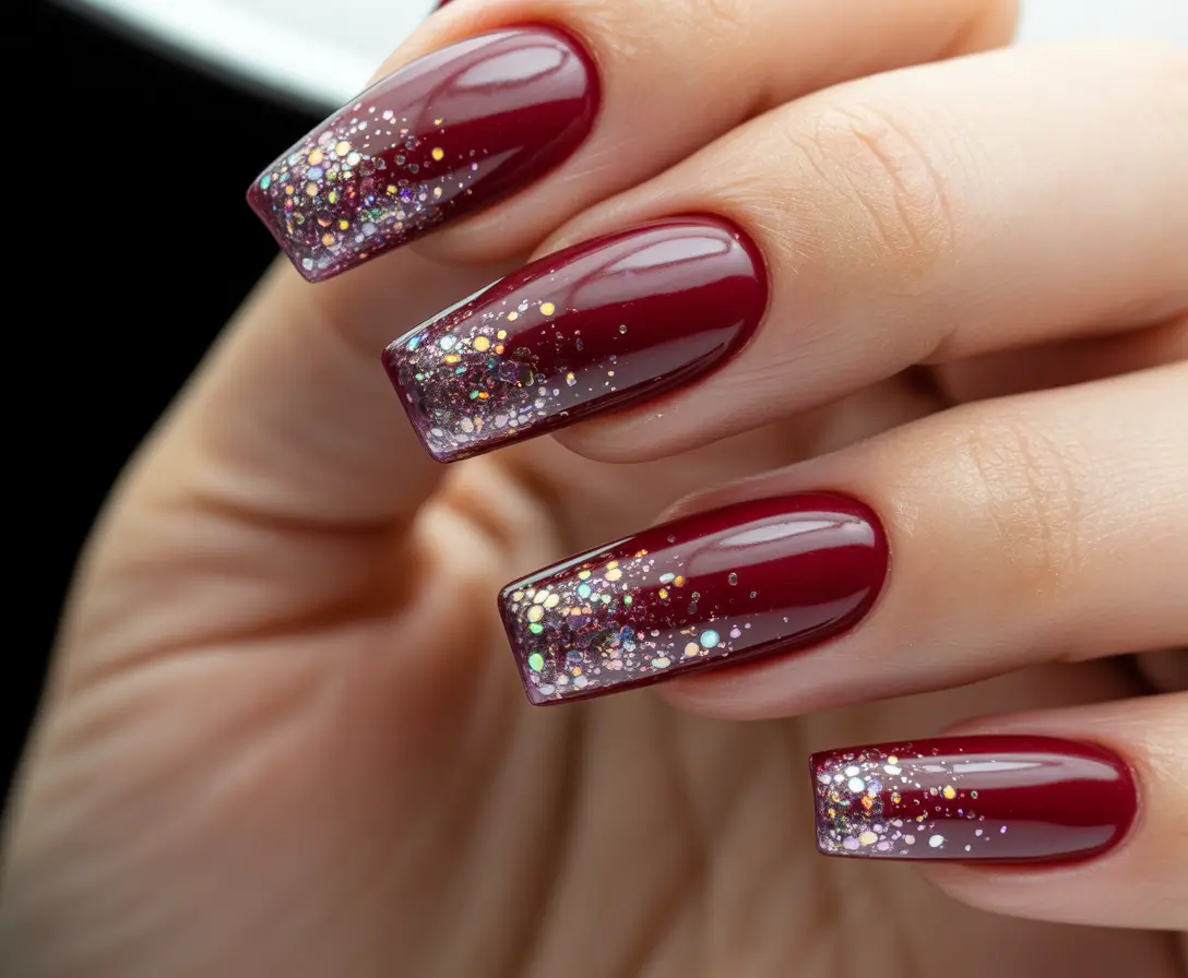 christmas nail art ideas 2025 Crimson Glitter Fade