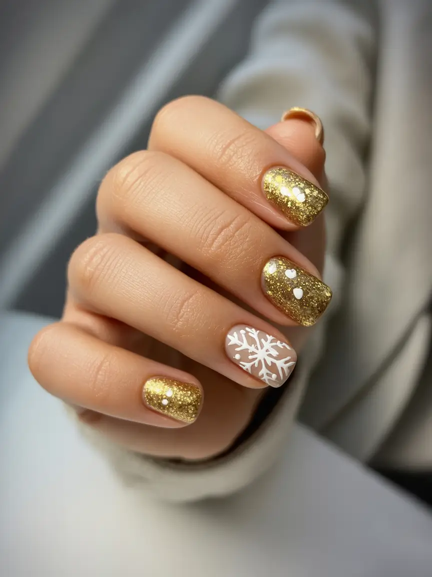 christmas nail art ideas 2025 Golden Sparkle with White Snowflake Accent