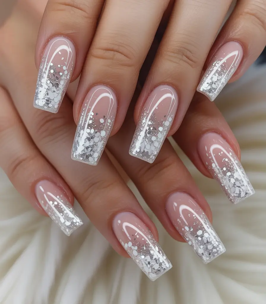 christmas nail art ideas 2025 Silver Frost Ombre