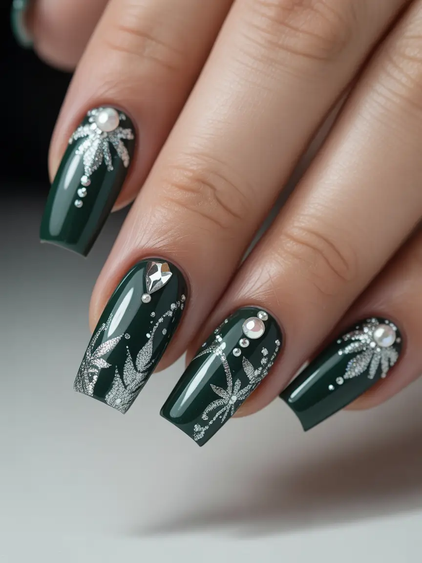 christmas nail colors 2025 Emerald Elegance with Silver Frost
