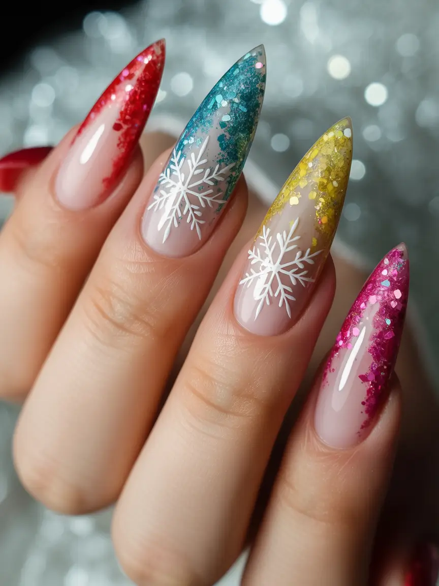 christmas nail color ideas 2025 Glitter Snowfall with a Twist of Color