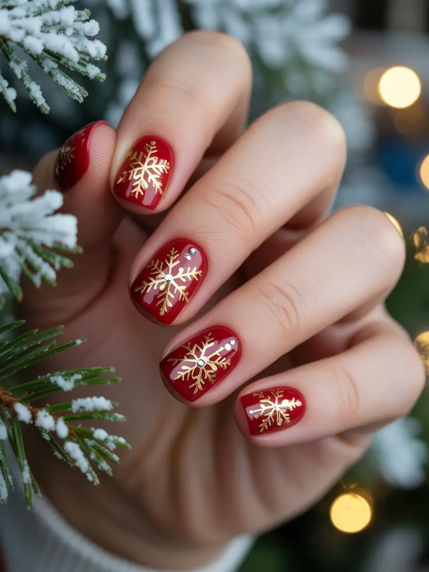christmas nail colors winter gel Golden Snowflakes on Classic Red