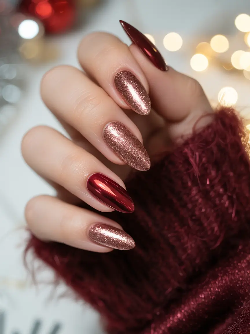 christmas nail colors winter Crimson Spark & Rose Gold Shine