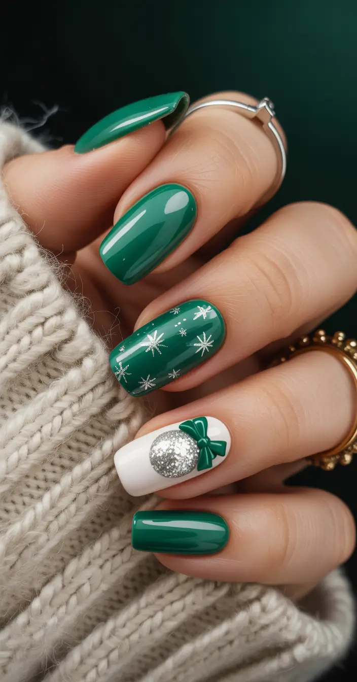 christmas nail color ideas green Emerald Festivity with Silver Charm
