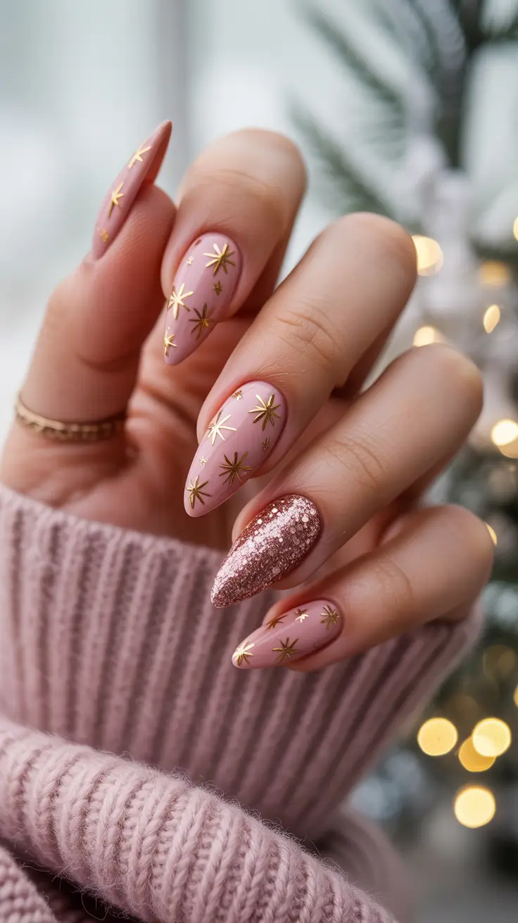 christmas nail color ideas 2025 Blush Pink with Golden Stars