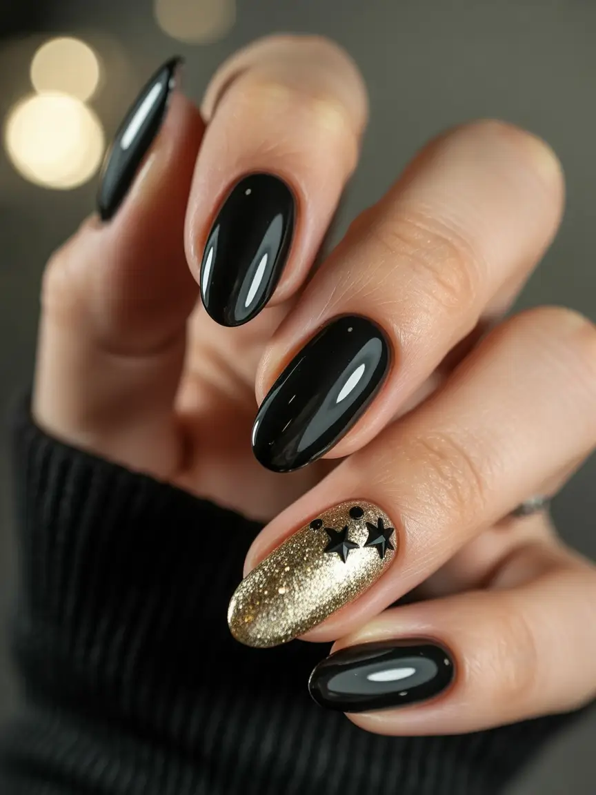 christmas nail colors 2025 Black Velvet & Golden Stars