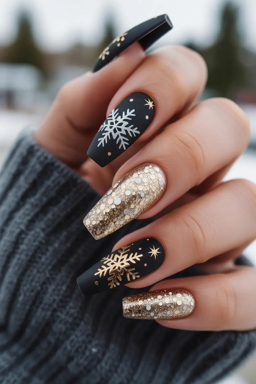 christmas nail color ideas 2025 Golden Snowflakes
