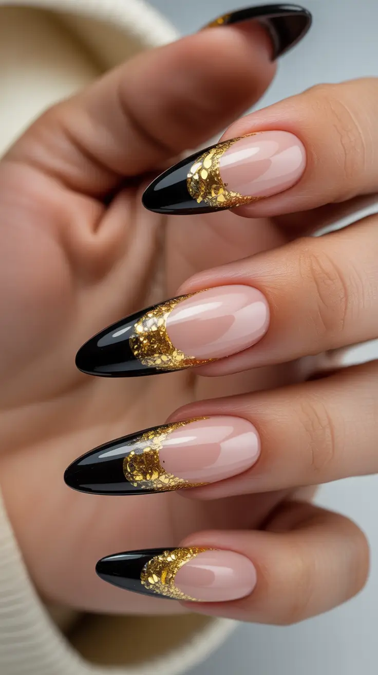 christmas-nails-acrylic-ideas-2025-Black-&-Gold-Midnight-Glam