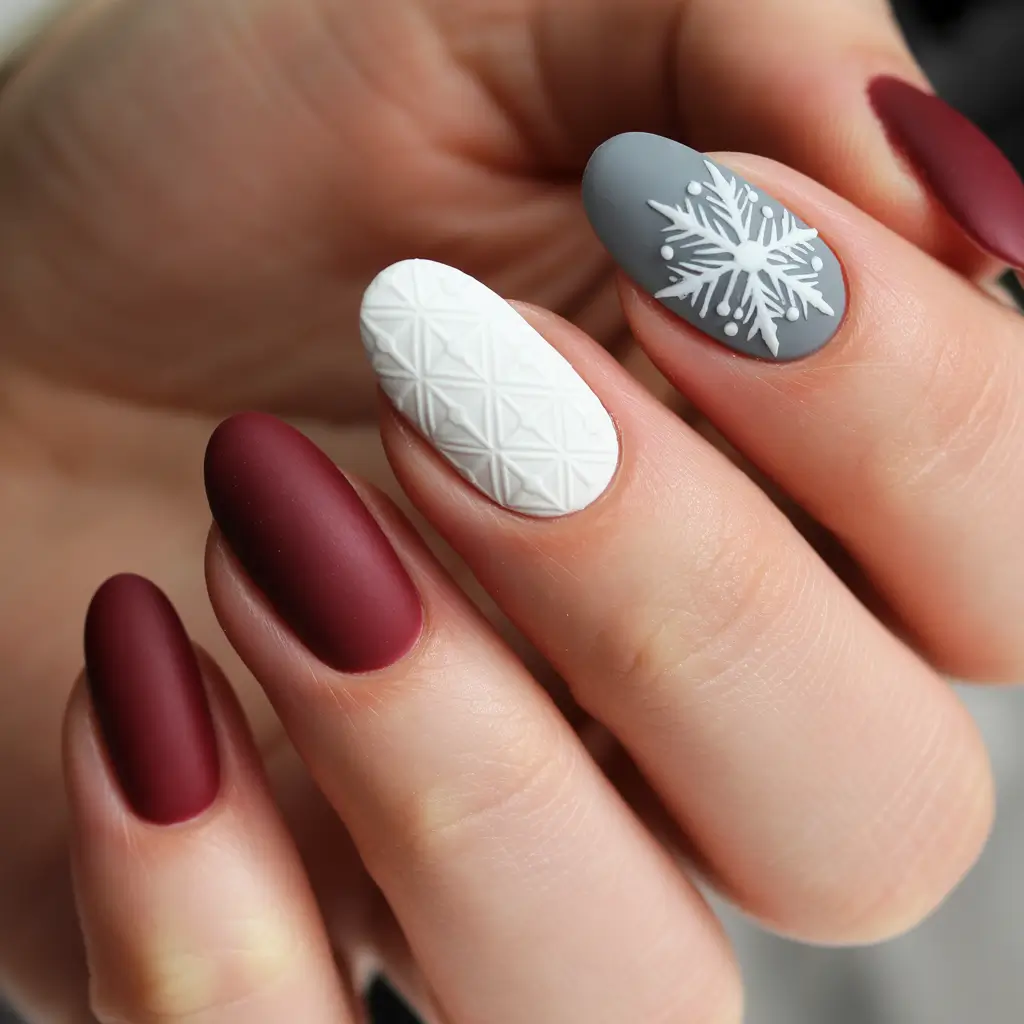 christmas-nails-acrylic-ideas-2025-Matte-Burgundy-&-Sweater-Texture