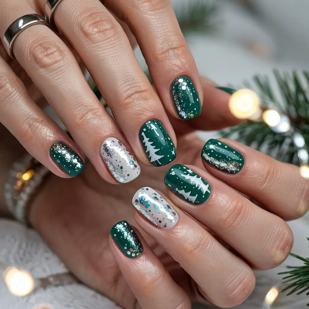 Christmas Tree Nails 2025 Emerald Winter Sparkle