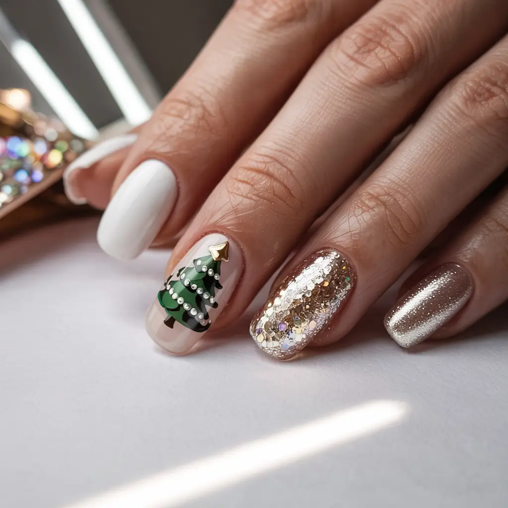 Christmas Tree Nails 2025 Classic Gold & Evergreen