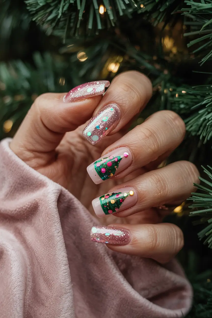 Christmas Tree Nails 2025 Playful Pink Fir