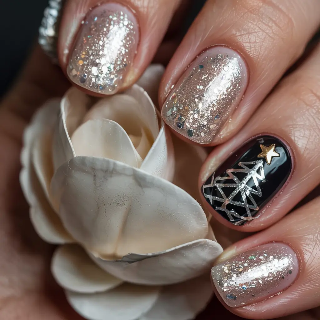 Christmas Tree Nails 2025 Black Tie Sparkle