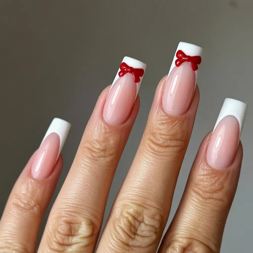 coffin winter nails design Festive Bow-Tipped French