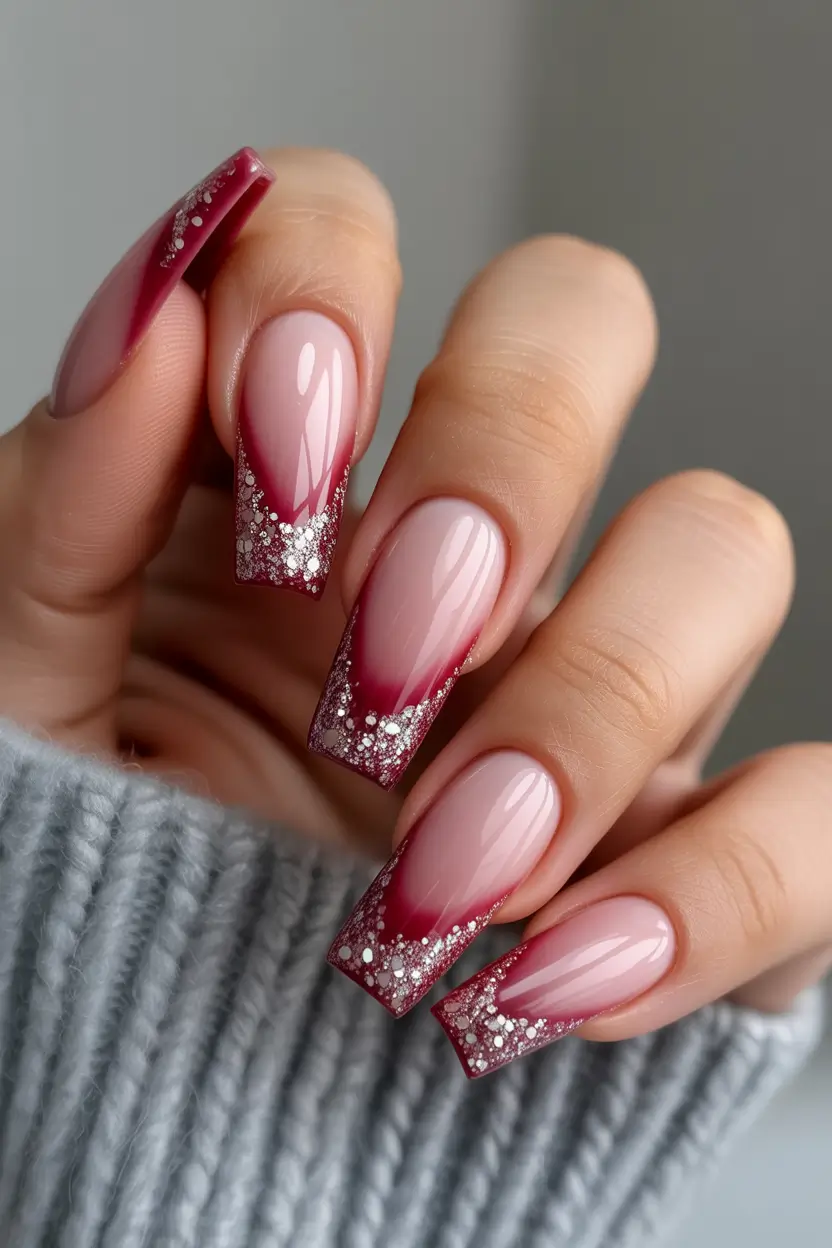 winter acrylic nails designs coffin Burgundy Sparkle