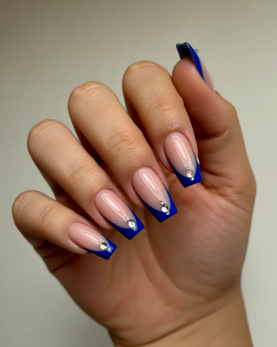 coffin winter nails design Royal Blue French with Crystals
