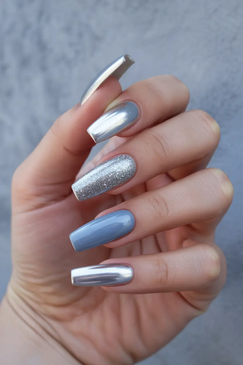 coffin winter nails design Frosted Silver Harmony