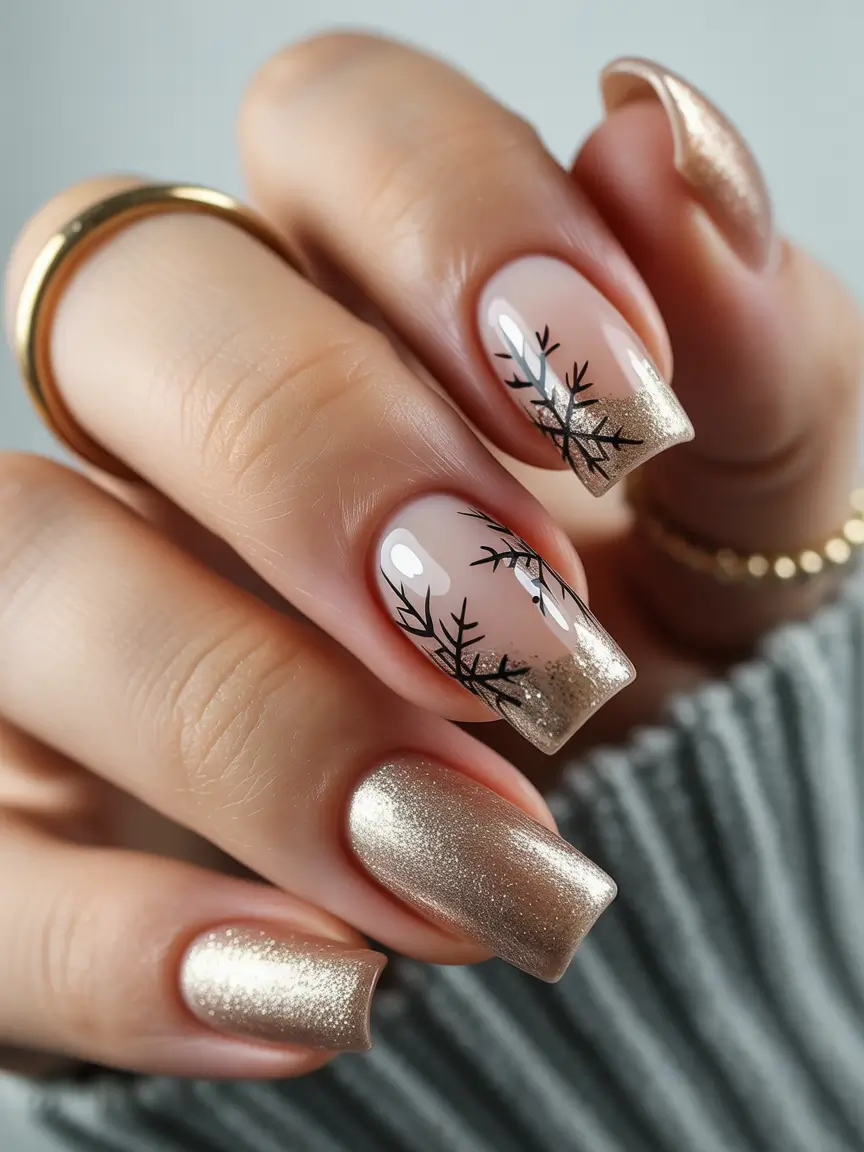 coffin winter nails designs almond Golden Frost