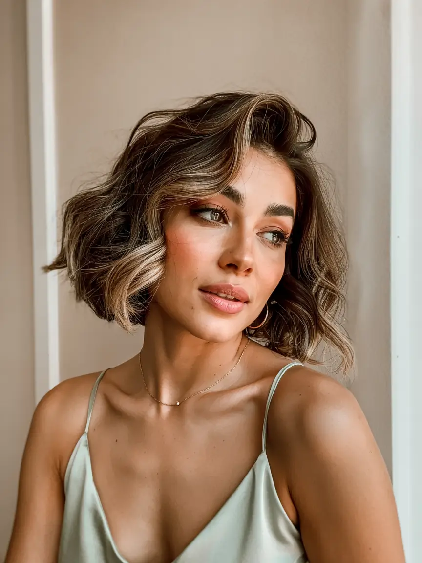 cute winter haircuts ideas 2025 2026 Textured Wavy Bob with Golden Dimension