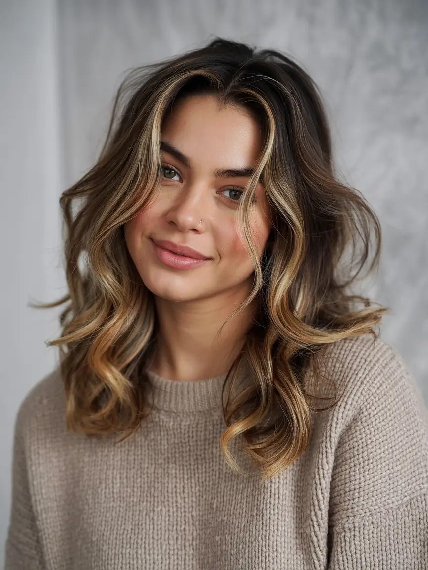 cute winter haircuts ideas 2025 2026 Soft Caramel Waves with Money Pieces