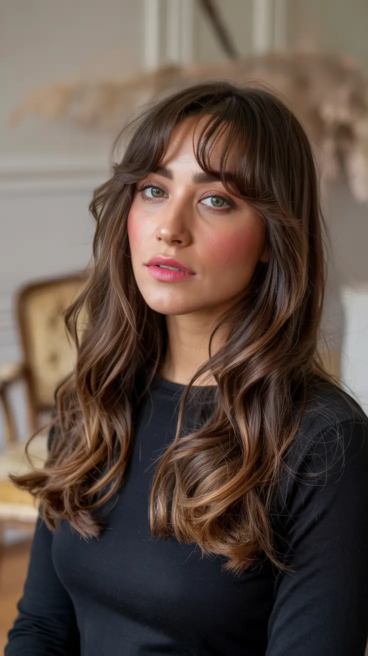 cute winter haircuts ideas 2025 2026 Long Soft Layers with French Bangs