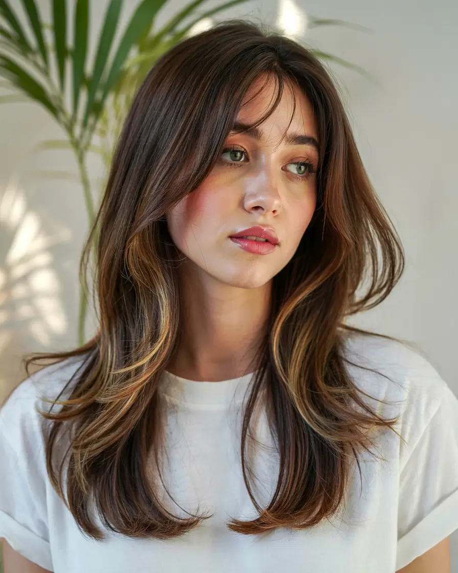 cute winter haircuts Layered Brunette with Honey Highlights and Curtain Bangs