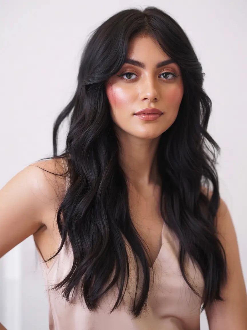 cute winter haircuts ideas 2025 2026 Glossy Long Layers with Curtain Bangs