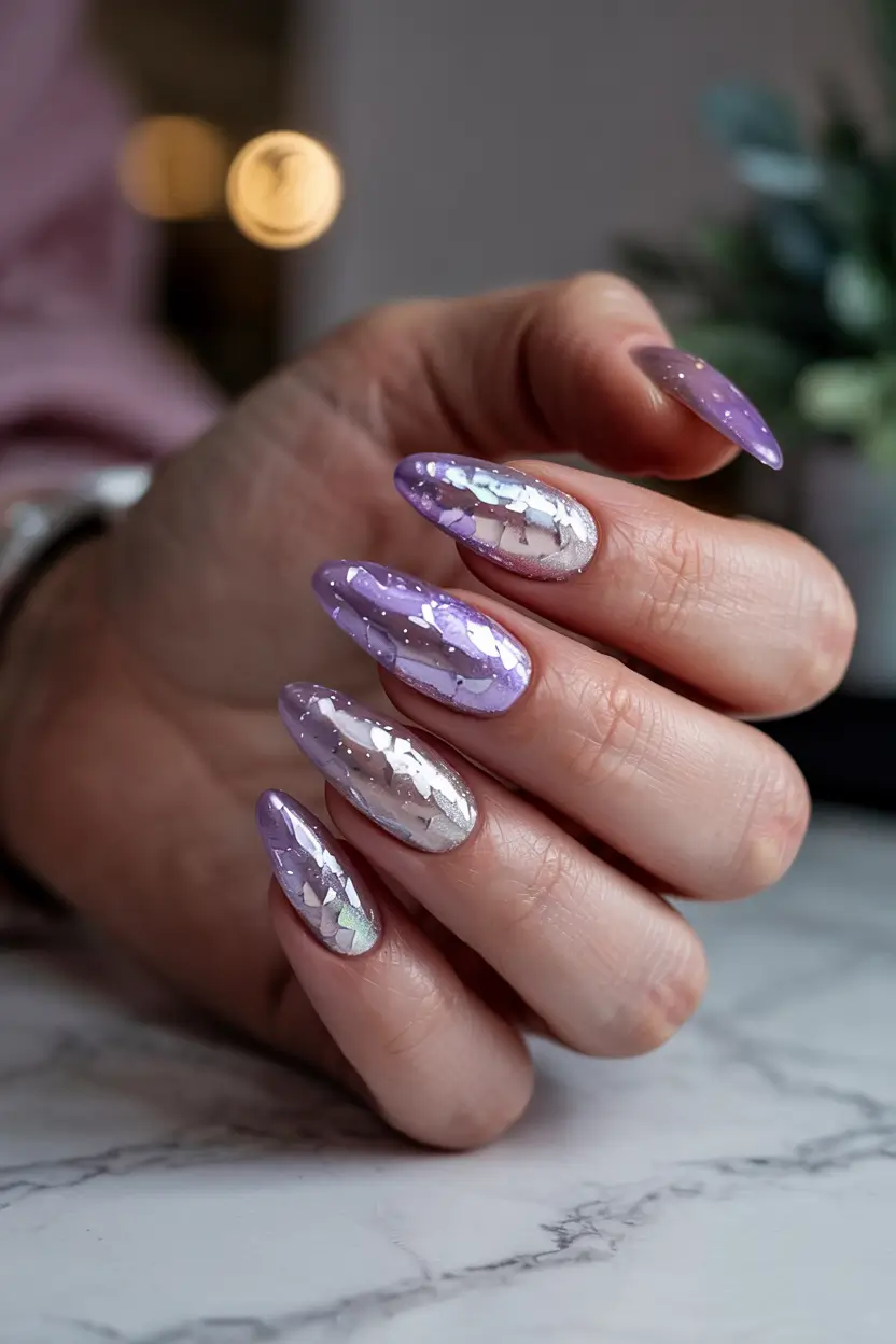 easy christmas nails 2025 icy lilac shimmer