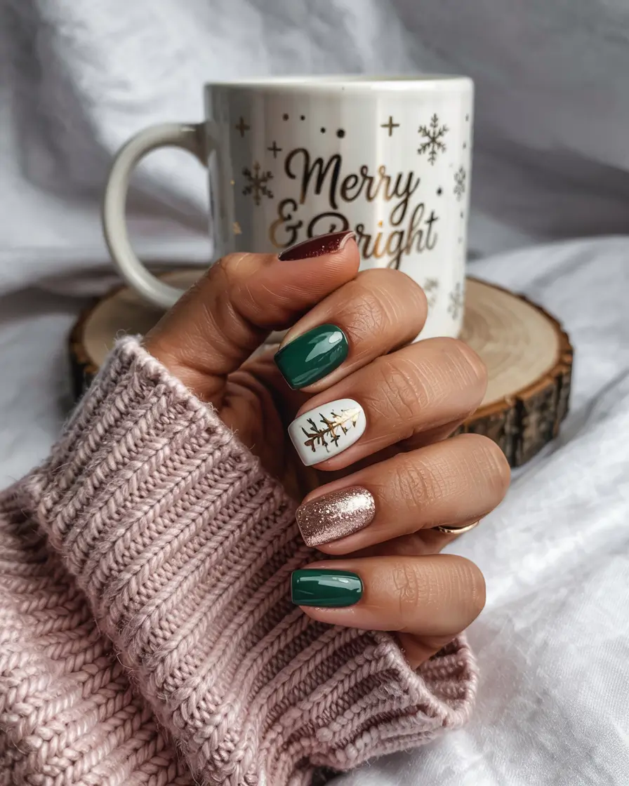 easy christmas nails 2025 emerald and champagne cheer