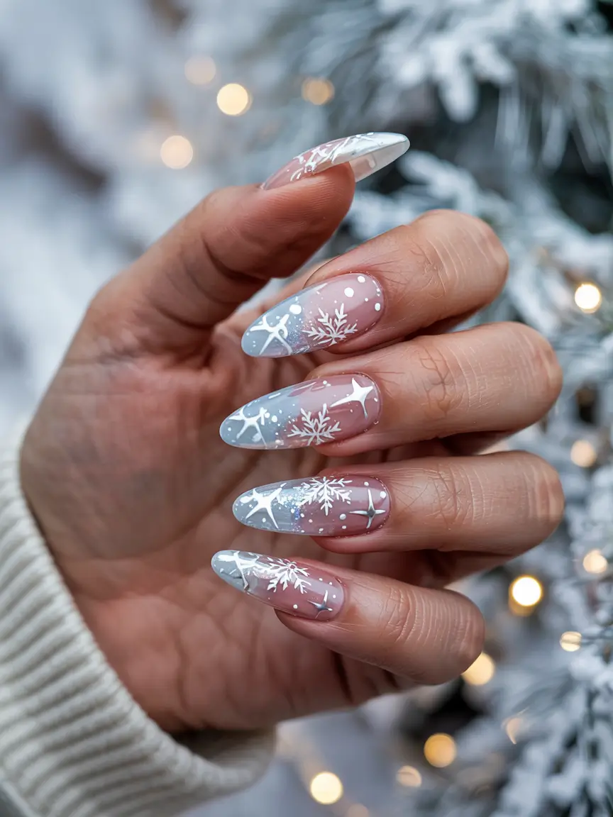 easy christmas nails almond Winter Starlight Magic