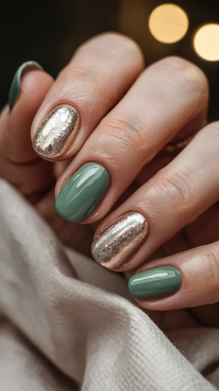 easy christmas nails 2025 evergreen and champagne glow
