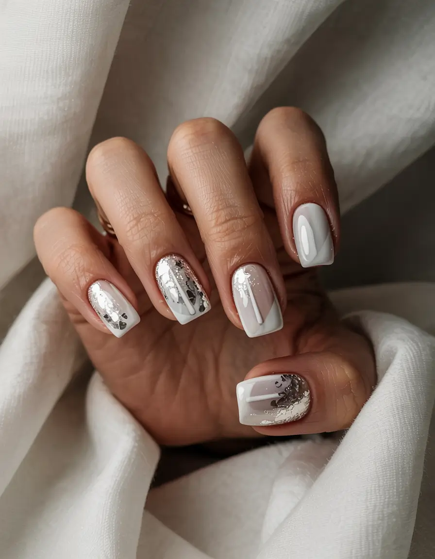 easy christmas nails square Silver Frost Reflections