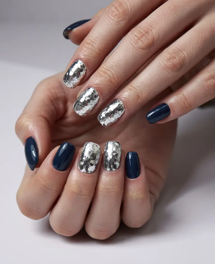 easy christmas nails Midnight Spark & Silver Confetti